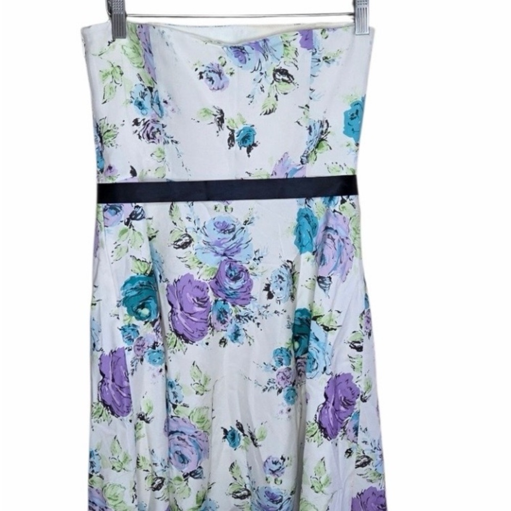 Ann Taylor | Silk Ivory Purple Blue Green Rose Floral Strapless Dress Size 4